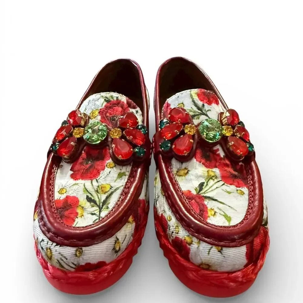 Dolce & Gabban Palermo Floral Brocade and Leather Loafers Crystal EU 36.5 US 6.5